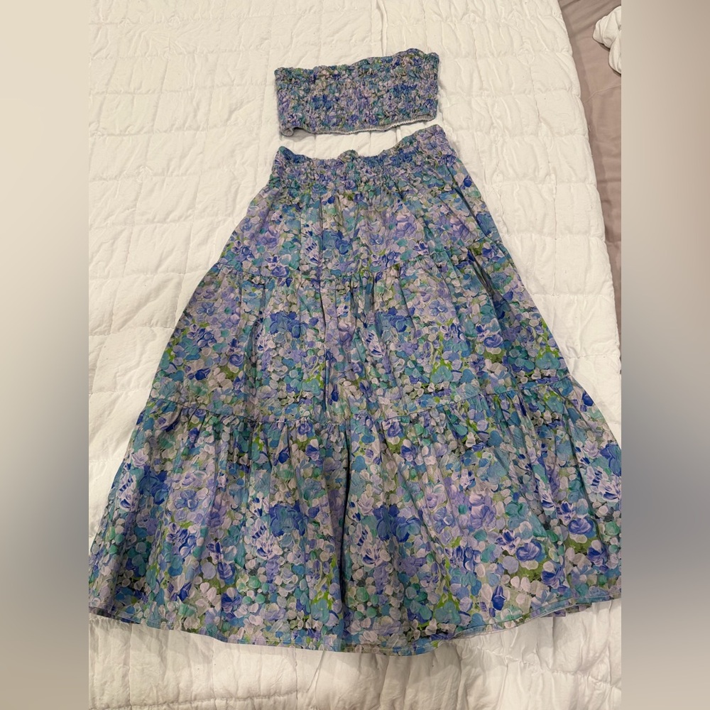 Floral Blue and Green Midi Skirt Set & Cropped Tube Top